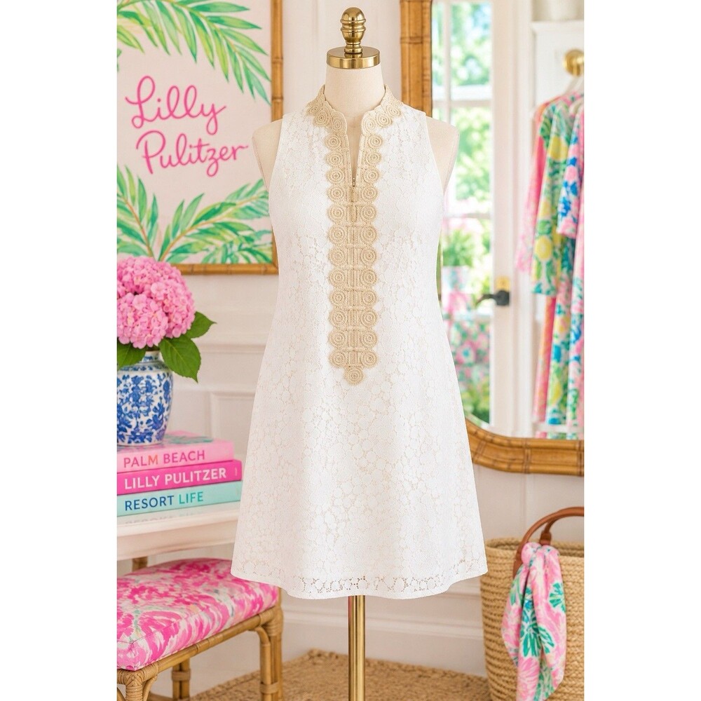 Lilly pulitzer Ivory White Lace shift Dress Size 6 Jane Gold Sleeveless Bridal